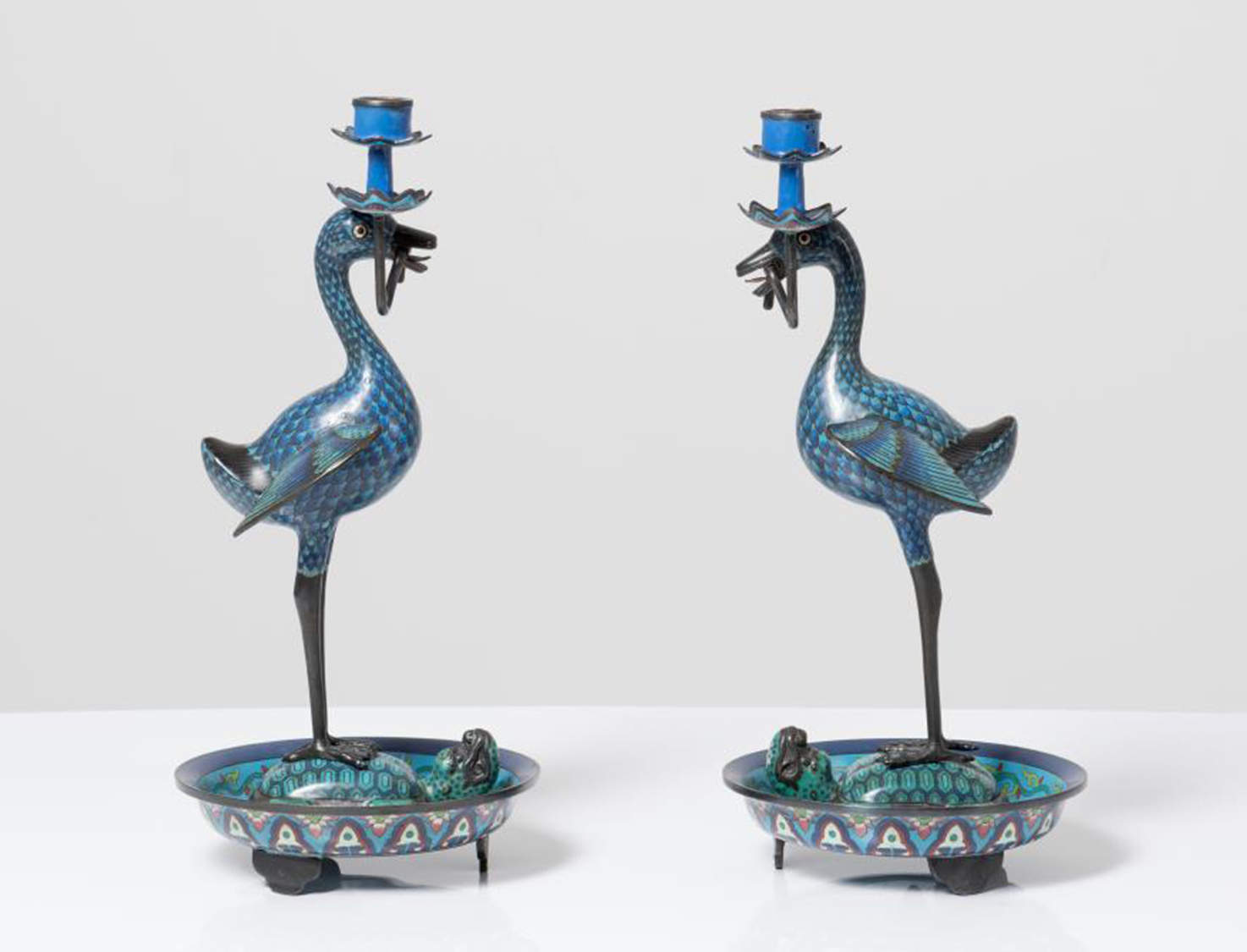 PAIR OF UNIQUE CLOISONNÉ BIRDS CANDALABRAS FROM THE XIXTH